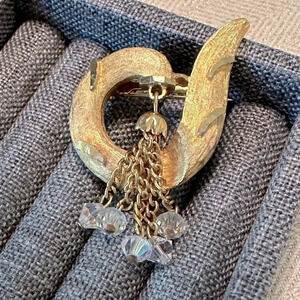 Vintage Brushed Gold Swirl 1970's Tassel Brooch w/ Chain Dangles & AB Crystals